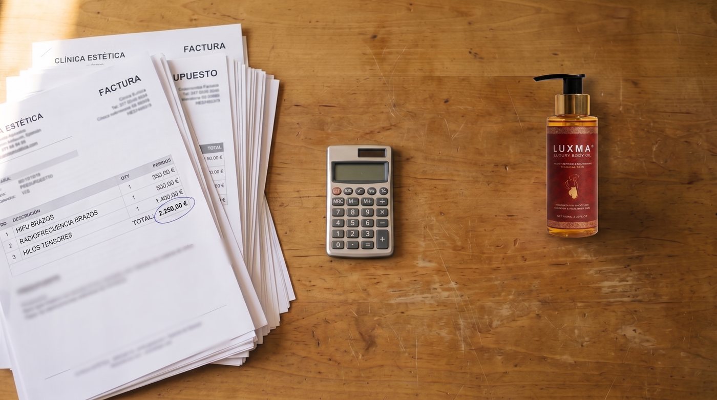 Facturas de tratamientos amontonadas junto a una calculadora y un frasco de LUXMA