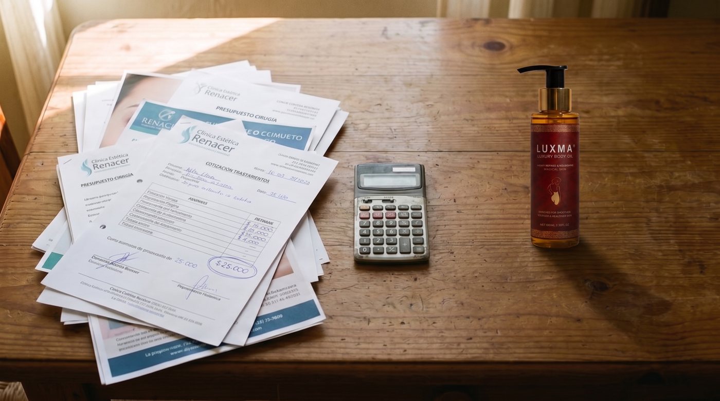 Facturas de tratamientos amontonadas junto a una calculadora y un frasco de LUXMA