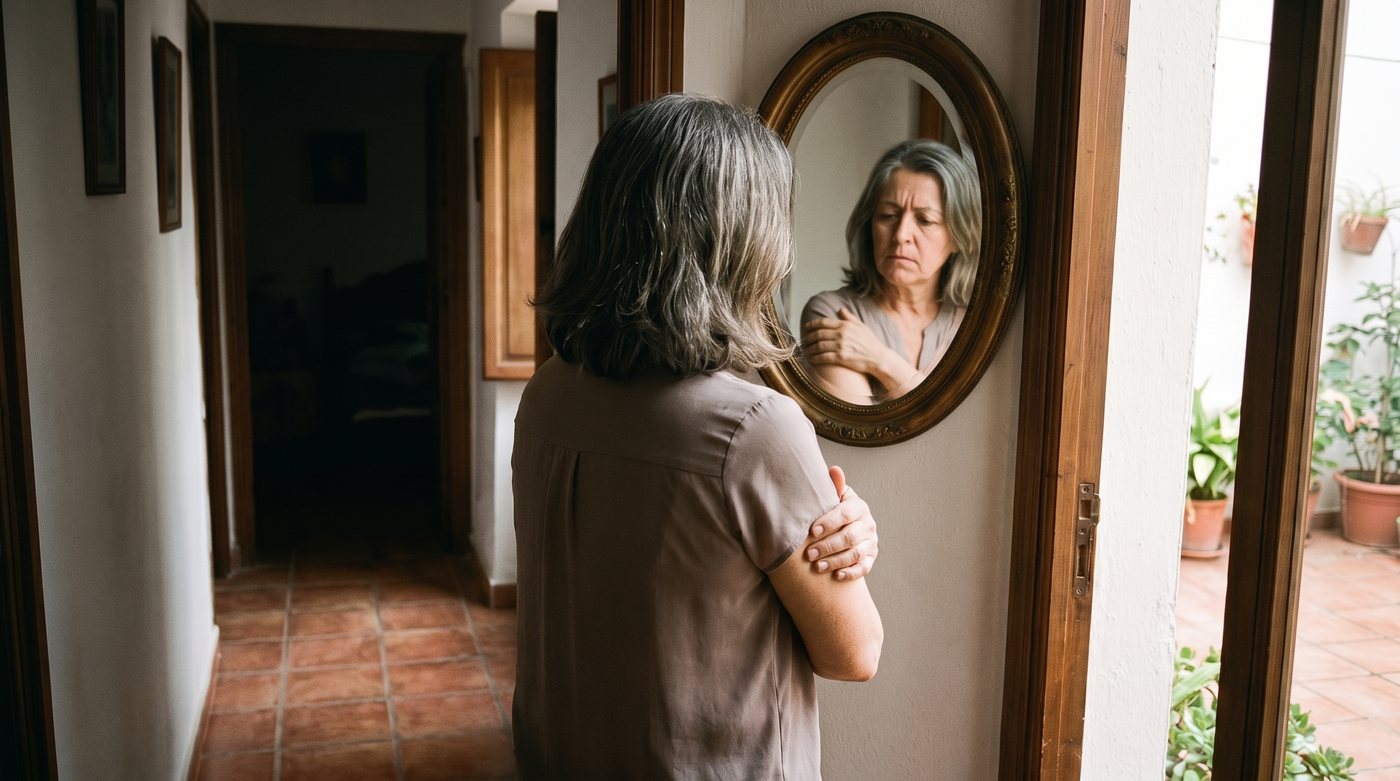 Mujer parada frente al espejo del pasillo de su casa, sujetándose el brazo, pensando