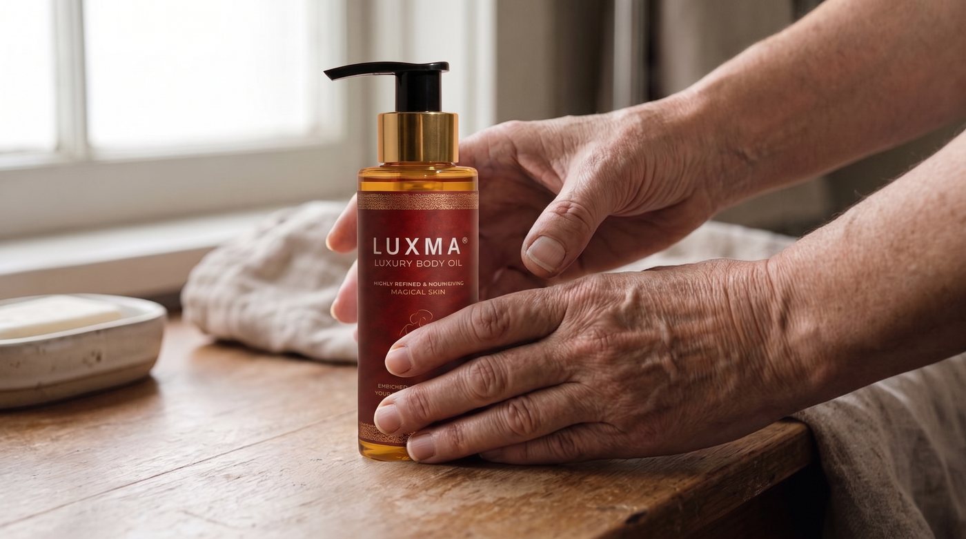 Manos de una mujer madura sosteniendo un frasco de LUXMA