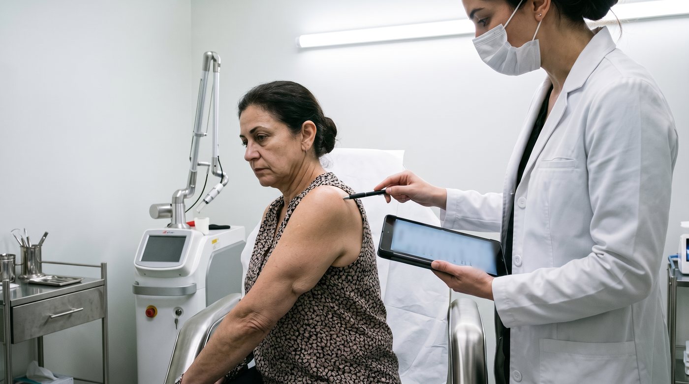 Consulta de medicina estética: la paciente escucha mientras le señalan la parte de atrás del brazo y le enseñan una tarifa