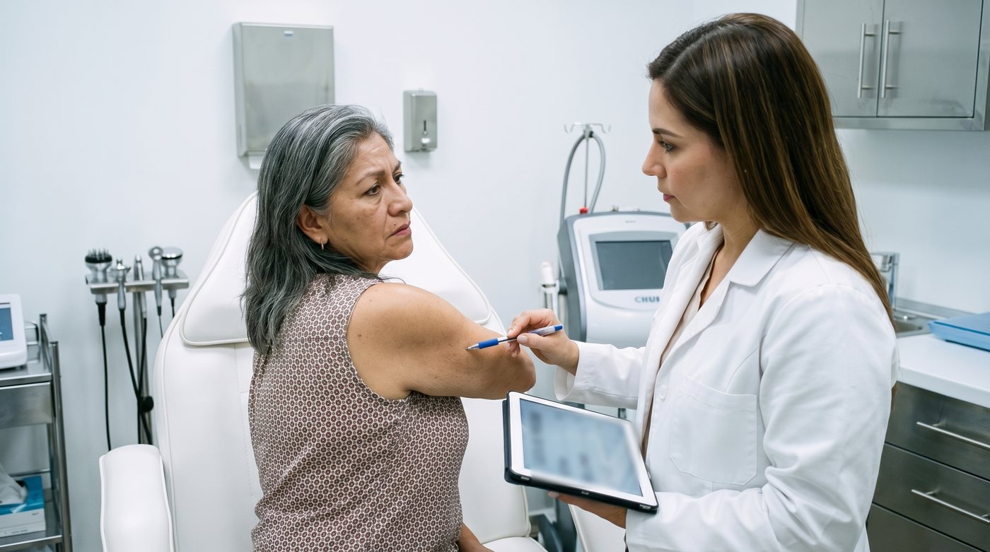 Consulta de medicina estética: la paciente escucha mientras le señalan la parte de atrás del brazo y le enseñan una tarifa