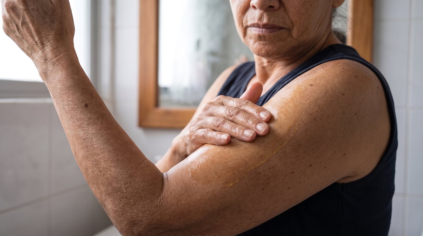 Primer plano de unas manos extendiendo el aceite de abajo hacia arriba por la parte de atrás del brazo, al salir de la regadera