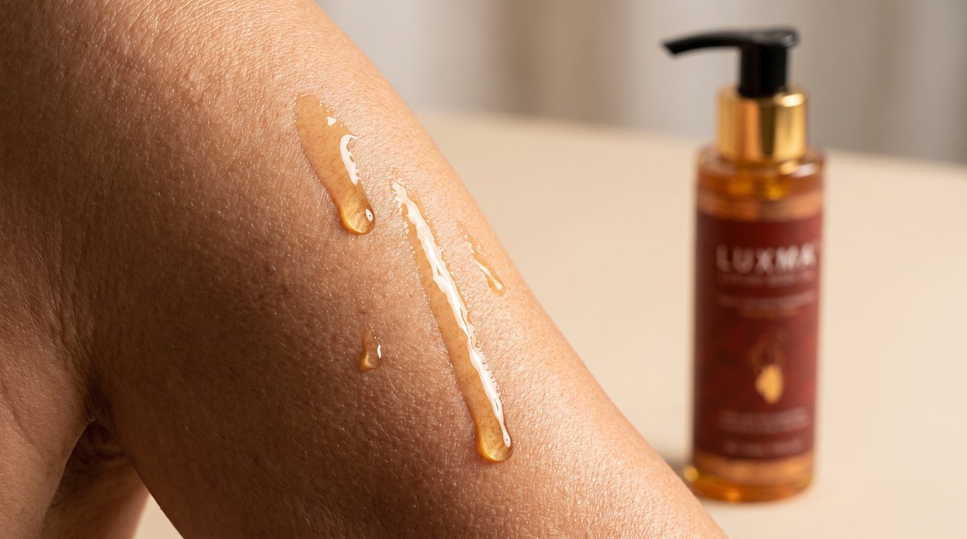 Primer plano del aceite LUXMA sobre la piel del brazo, con el frasco al lado