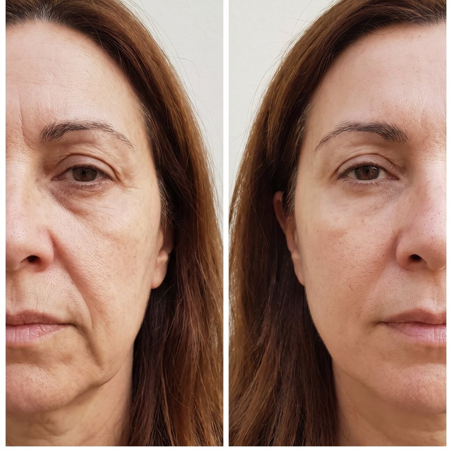 Antes y después de la cara de una mujer de unos 56 años: a la derecha, las arrugas más suaves, las mejillas más firmes y los surcos menos marcados