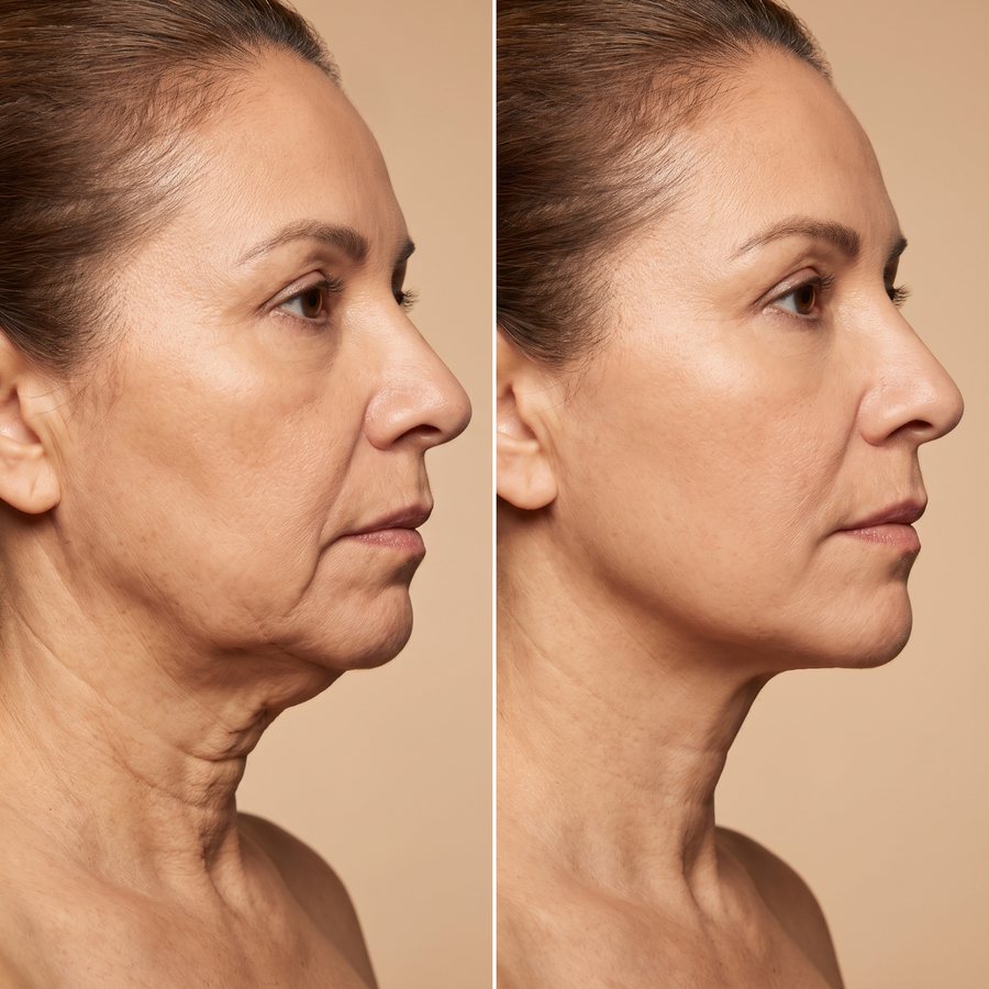 Antes y después del perfil de la mandíbula y el cuello: a la derecha, menos piel suelta bajo la barbilla
