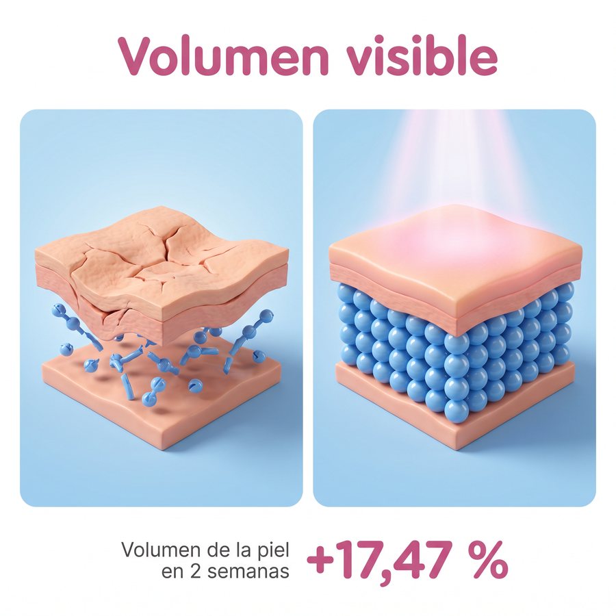 Infografía «Volumen visible»: la piel hundida frente a la piel llena y firme; volumen de la piel +17,47 % en 2 semanas