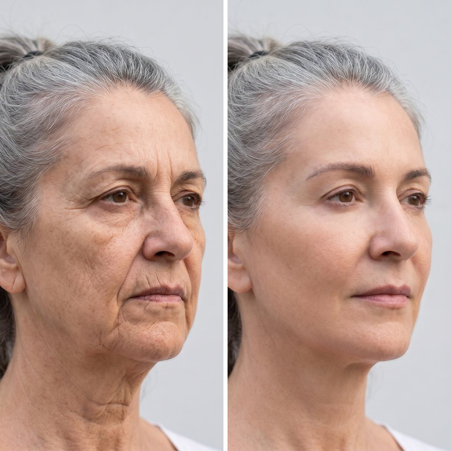 Antes y después de una mujer de unos 65 años de tres cuartos: a la derecha, los surcos y las líneas de marioneta más suaves