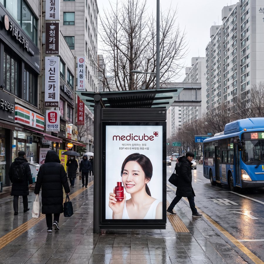Parada de autobús en una calle de ciudad con un cartel de medicube