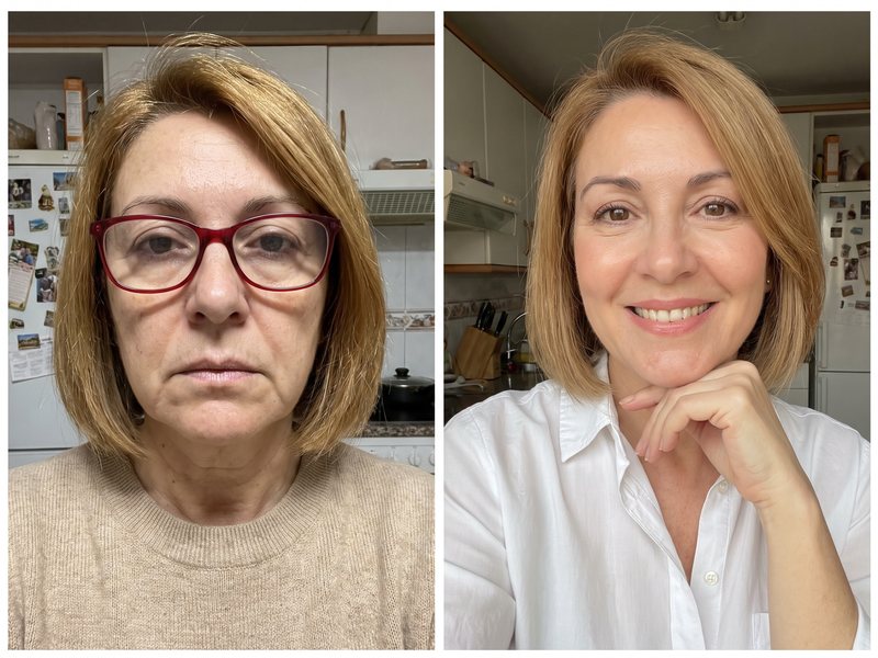 Foto de antes y después de una clienta de unos 54 años con el pelo rubio