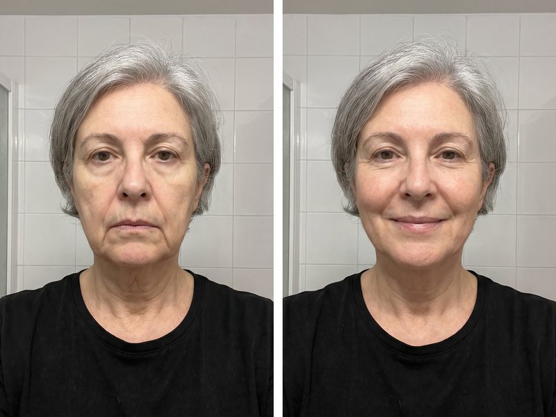 Foto de antes y después de una clienta de unos 62 años con el pelo gris