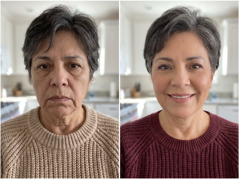 Foto de antes y después de una clienta de unos 66 años con el pelo oscuro recogido