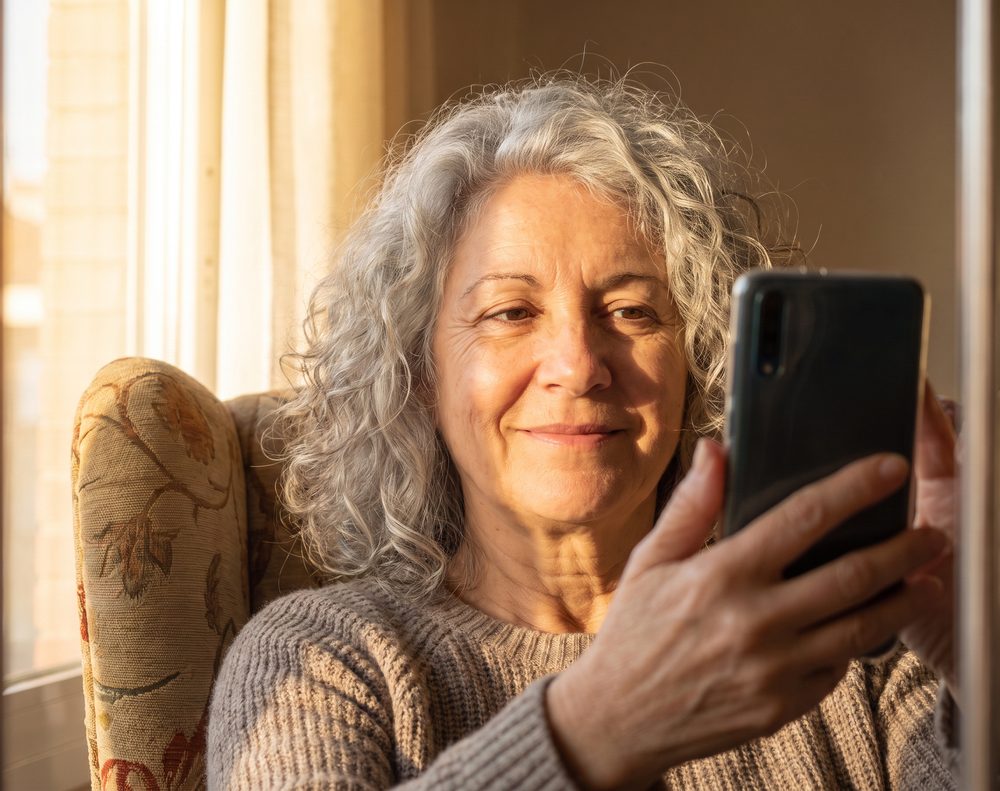 Mujer de unos 66 años con el pelo rizado plateado haciéndose un selfi en casa