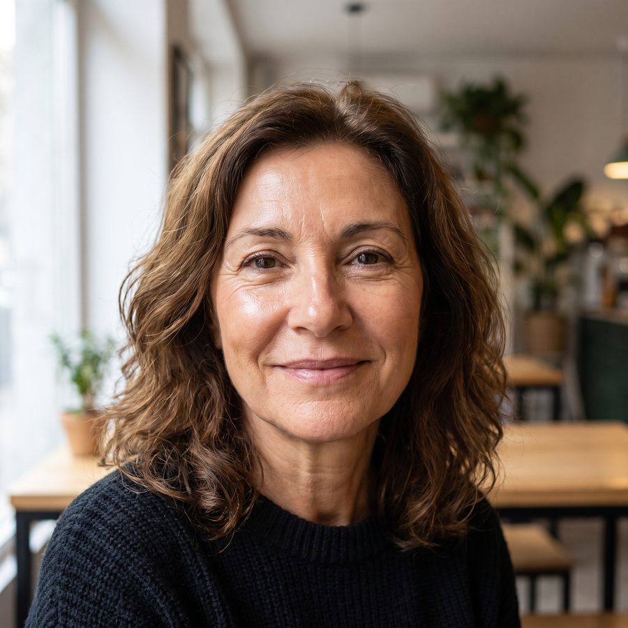 Mujer de unos 64 años con la cara firme y la piel radiante en una cafetería