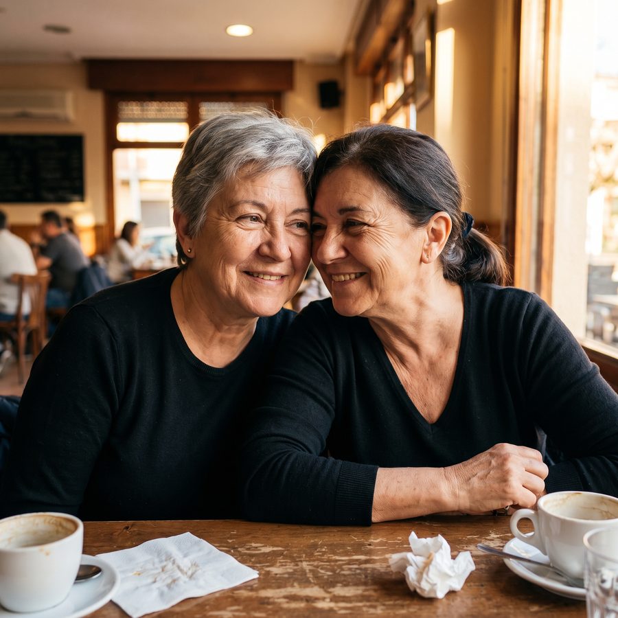 Dos amigas de unos 65 años sonriendo juntas en una cafetería