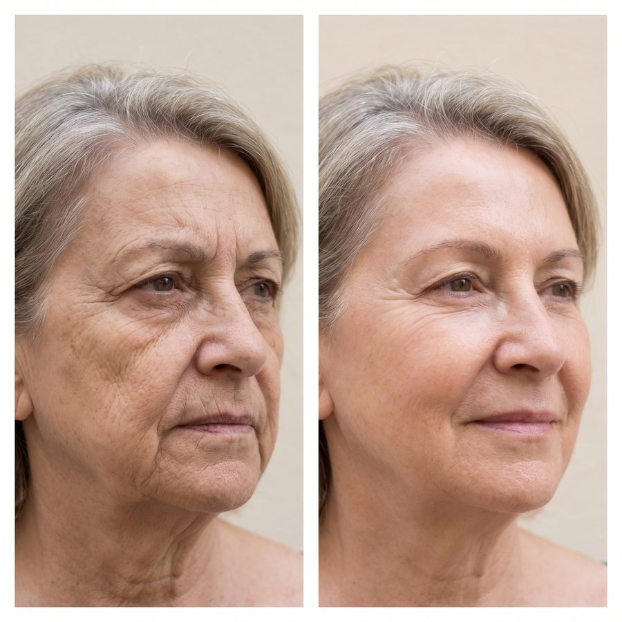 Antes y después de la cara de una mujer de unos 66 años: a la derecha, las mejillas más firmes