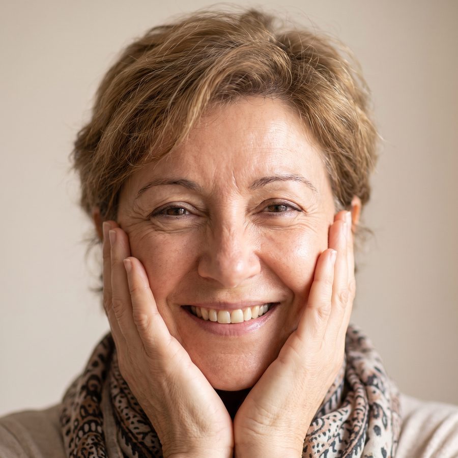 Mujer de unos 58 años sonriendo con las manos en las mejillas