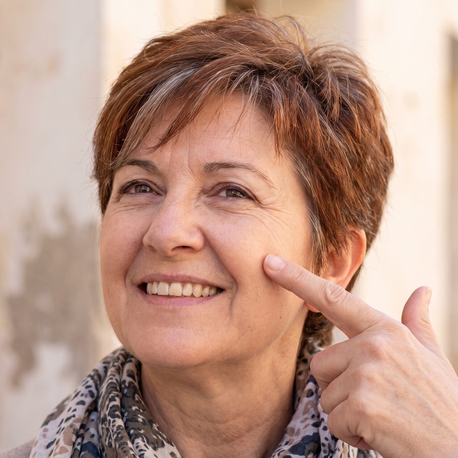 Mujer de unos 60 años sonriendo y señalando su mejilla firme