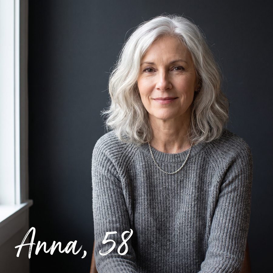 Anna, 58 años, con el pelo plateado