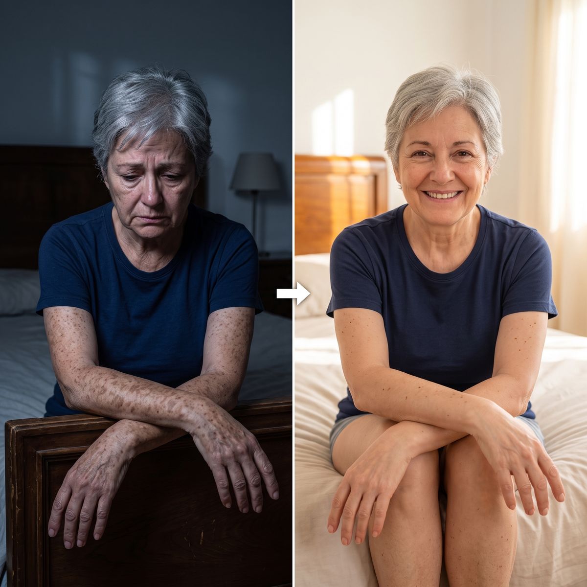 Imagen ilustrativa: a la izquierda, mujer mayor triste con los antebrazos llenos de manchas; a la derecha, la misma mujer sonriendo, con las manchas visiblemente más claras