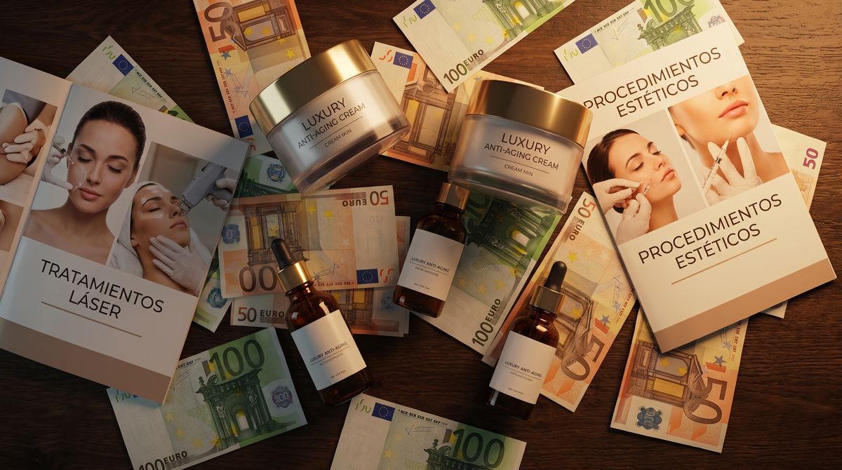 Billetes de euro, tarros de crema antiedad, sérums y folletos de tratamientos láser y procedimientos estéticos sobre una mesa
