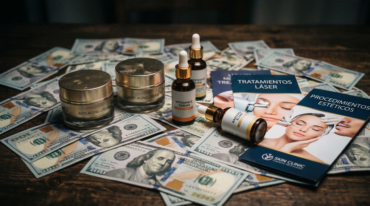 Billetes de dólar, frascos de crema antiedad, sérums y folletos de tratamientos láser y procedimientos estéticos sobre una mesa