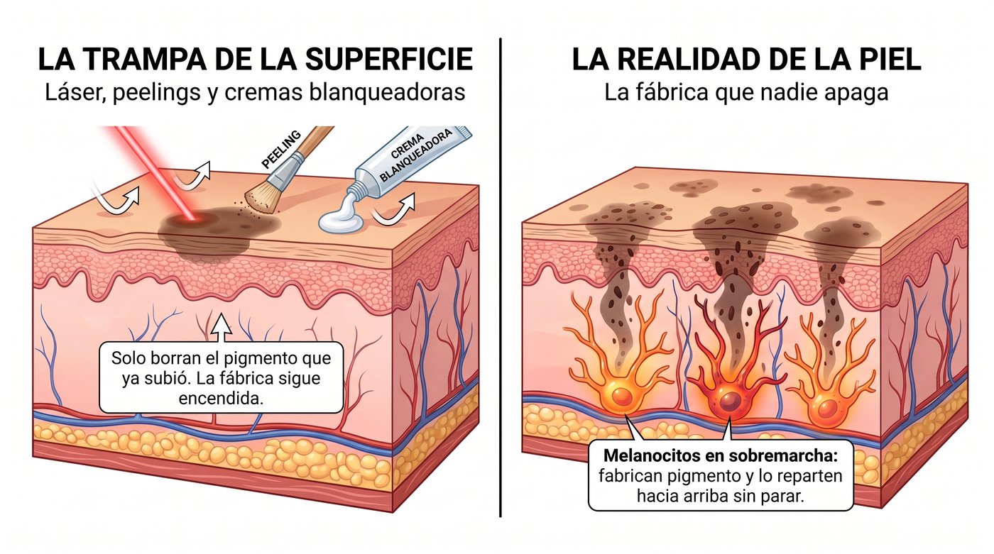 Infografía: a la izquierda, la trampa de la superficie (láser, peelings y cremas blanqueadoras solo borran el pigmento que ya subió); a la derecha, la realidad de la piel (melanocitos en sobremarcha que fabrican pigmento y lo reparten hacia arriba sin parar)
