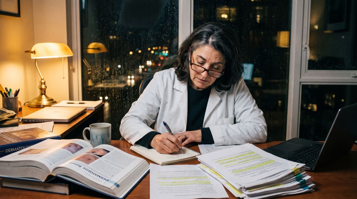Investigadora con bata blanca trabajando de noche en su despacho, rodeada de libros de dermatología y artículos subrayados