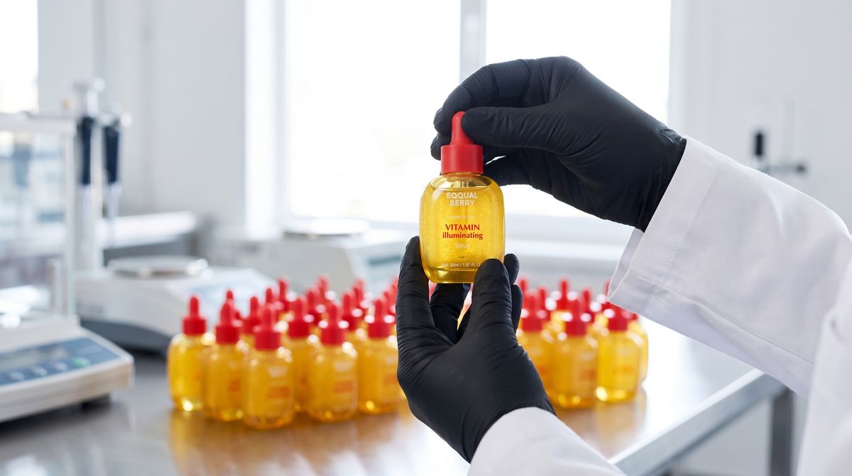 Manos con guantes negros sujetando un frasco del sérum EQQUALBERRY en un laboratorio, con más frascos detrás