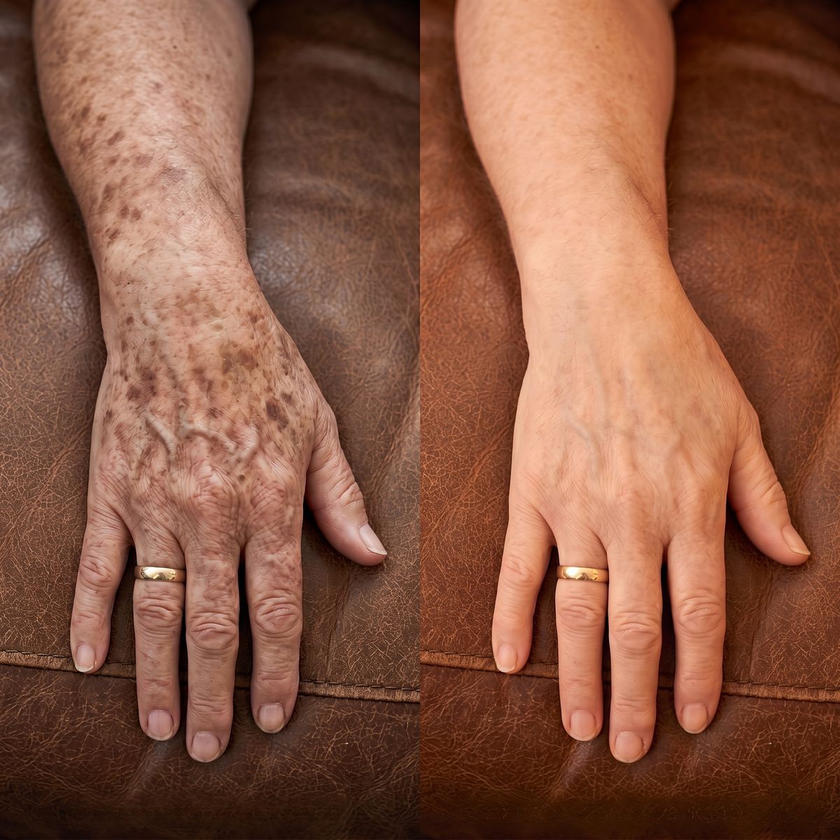 Imagen ilustrativa: la misma mano antes, con muchas manchas oscuras, y después, con las manchas visiblemente más claras
