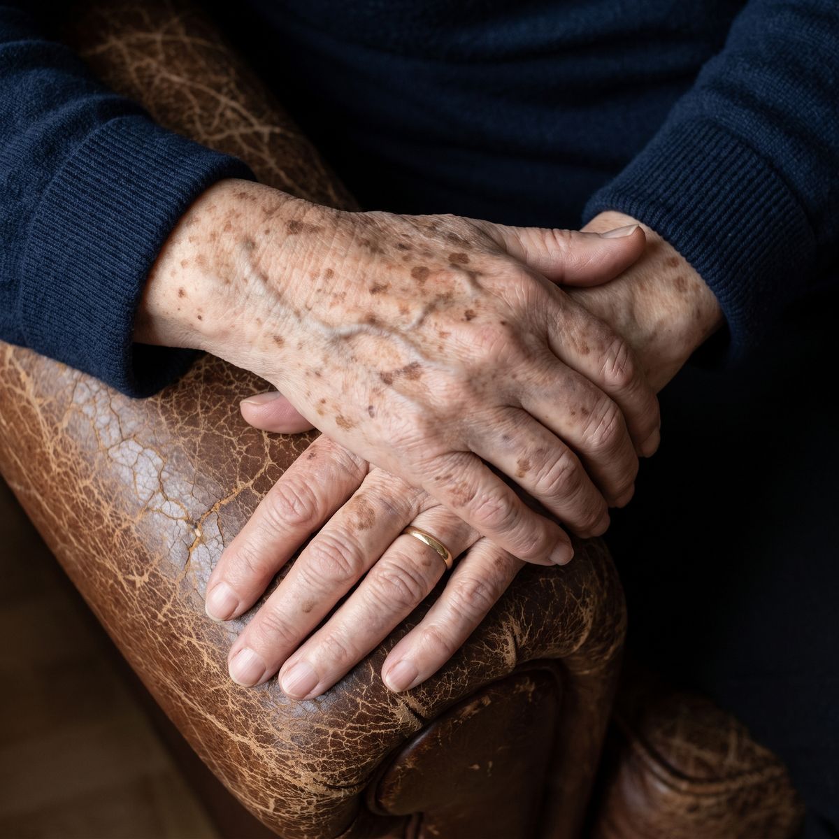 Manos de una mujer mayor apoyadas con las palmas hacia abajo sobre el reposabrazos de cuero de un sillón, con muchas manchas de la edad marrones en el dorso