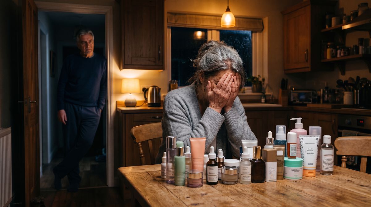 Mujer mayor llorando de noche en la mesa de la cocina, rodeada de decenas de cremas y sérums a medias, mientras su marido la mira desde la puerta