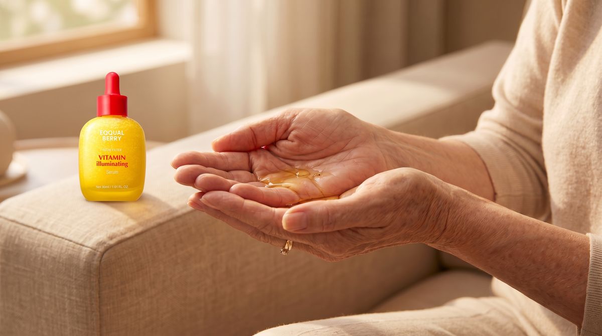 Unas gotas del sérum dorado en la palma de la mano de una mujer, con el frasco de EQQUALBERRY sobre el brazo del sofá