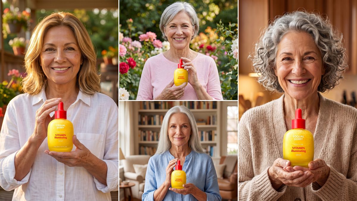 Cuatro mujeres de más de 60 años sonriendo con el sérum EQQUALBERRY en las manos