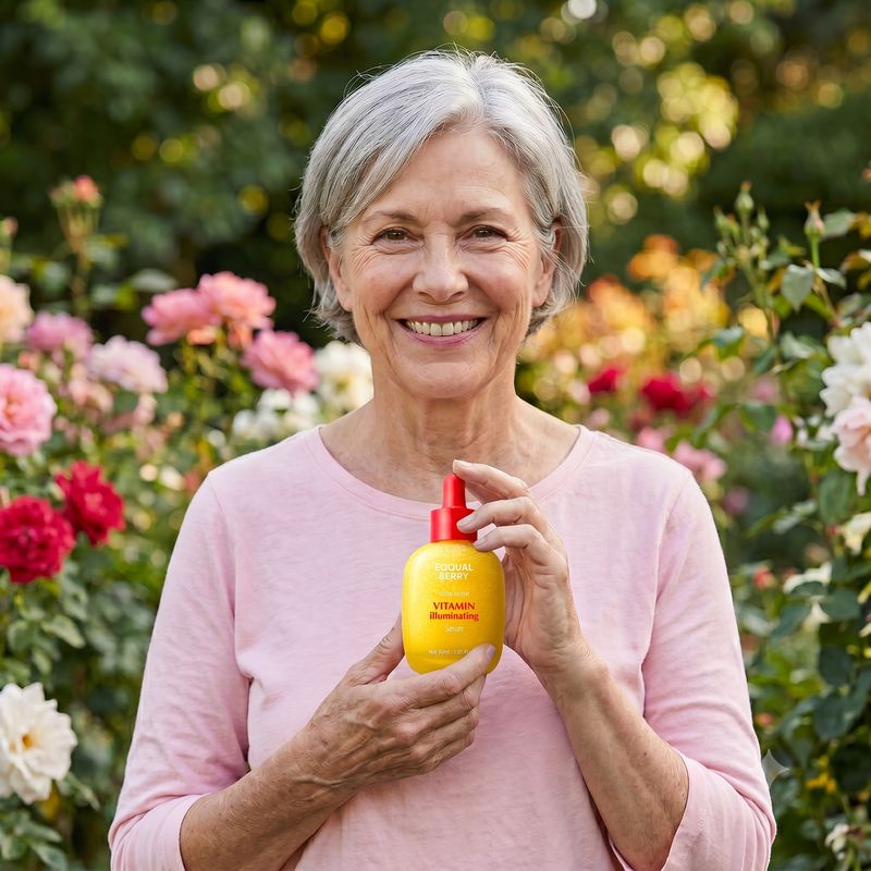 Mujer de unos 69 años sonriendo con el sérum EQQUALBERRY en las manos, en un jardín