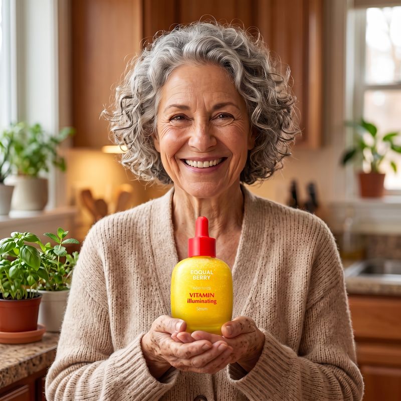 Mujer de unos 66 años sonriendo con el sérum EQQUALBERRY en las manos, en su cocina