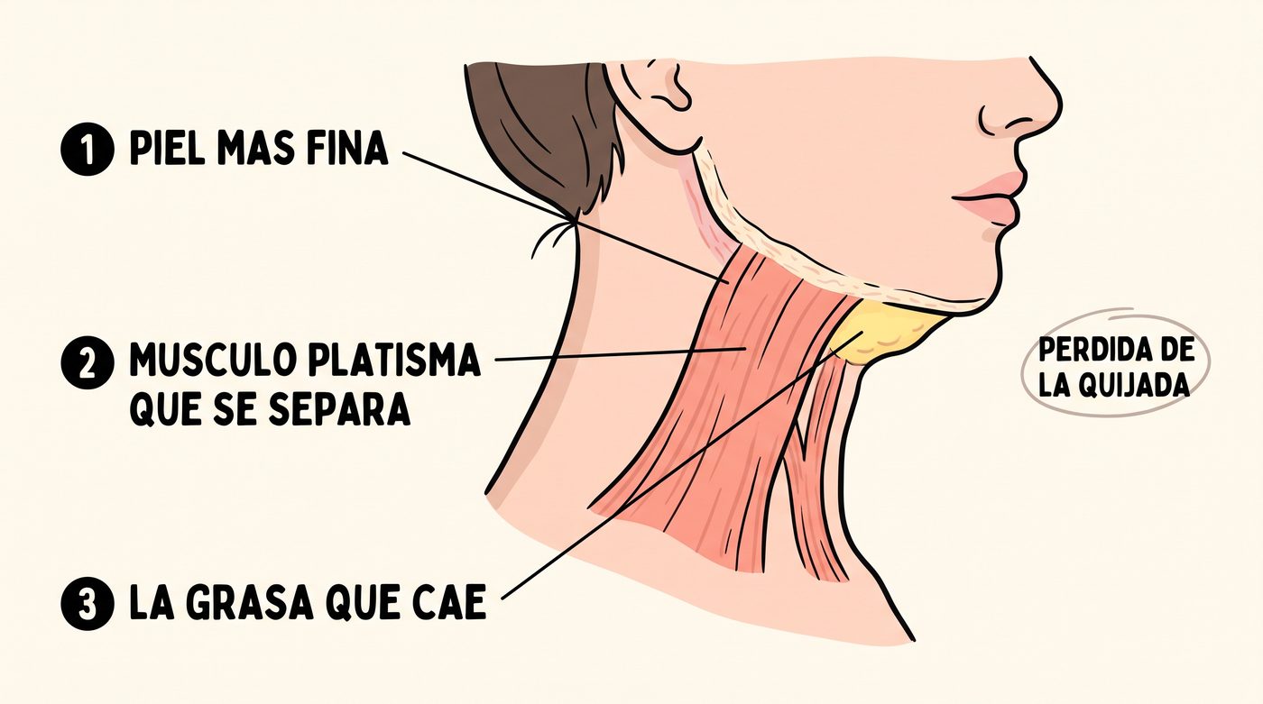 Esquema del cuello: la piel más fina, el músculo platisma que se separa y la grasa que cae bajo la barbilla