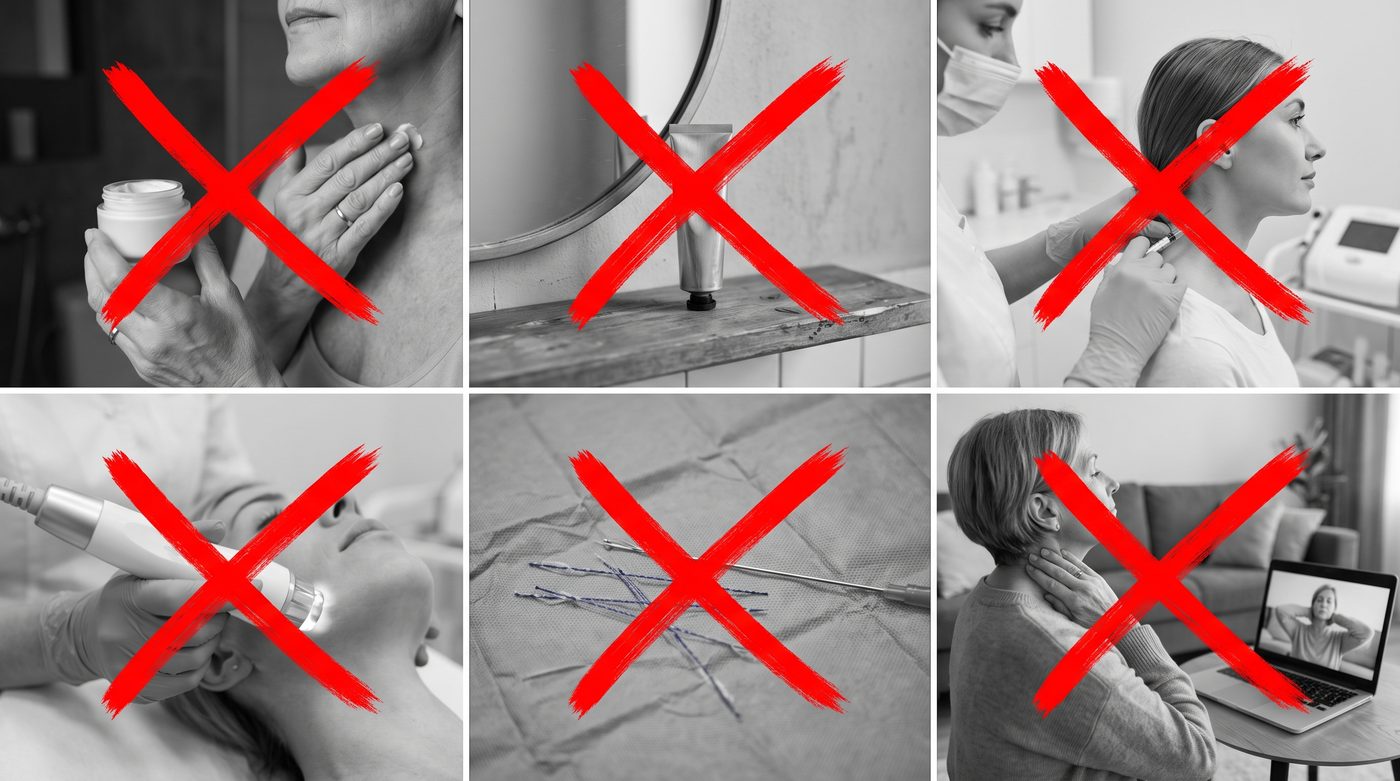 Las seis cosas que ya había probado, tachadas: la crema de la cara, la crema de cuello, el PRP, la radiofrecuencia, los hilos tensores y la gimnasia facial