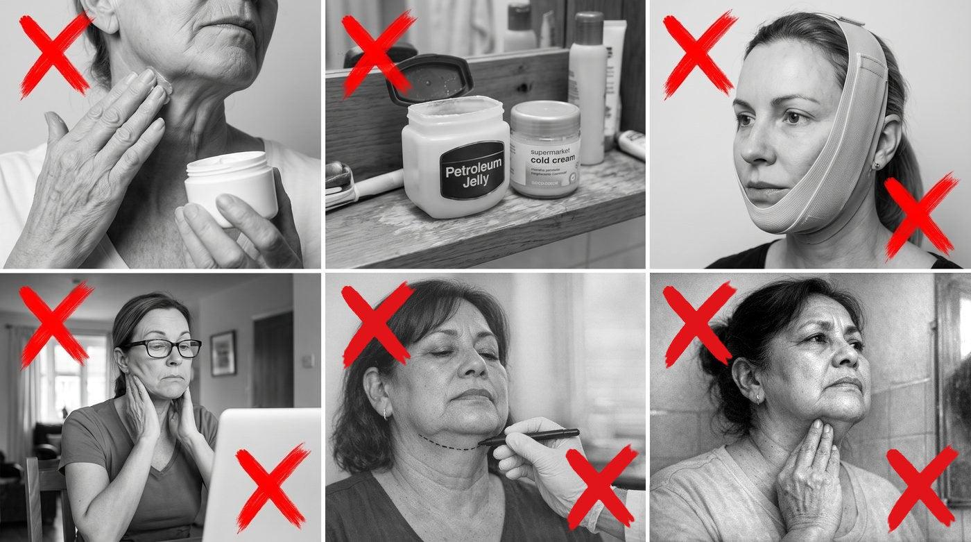 Las seis cosas que ya había probado, tachadas: la crema de la cara, la vaselina y la crema del súper, la mentonera, la gimnasia facial, la lipopapada y la bolita dura que le quedó después