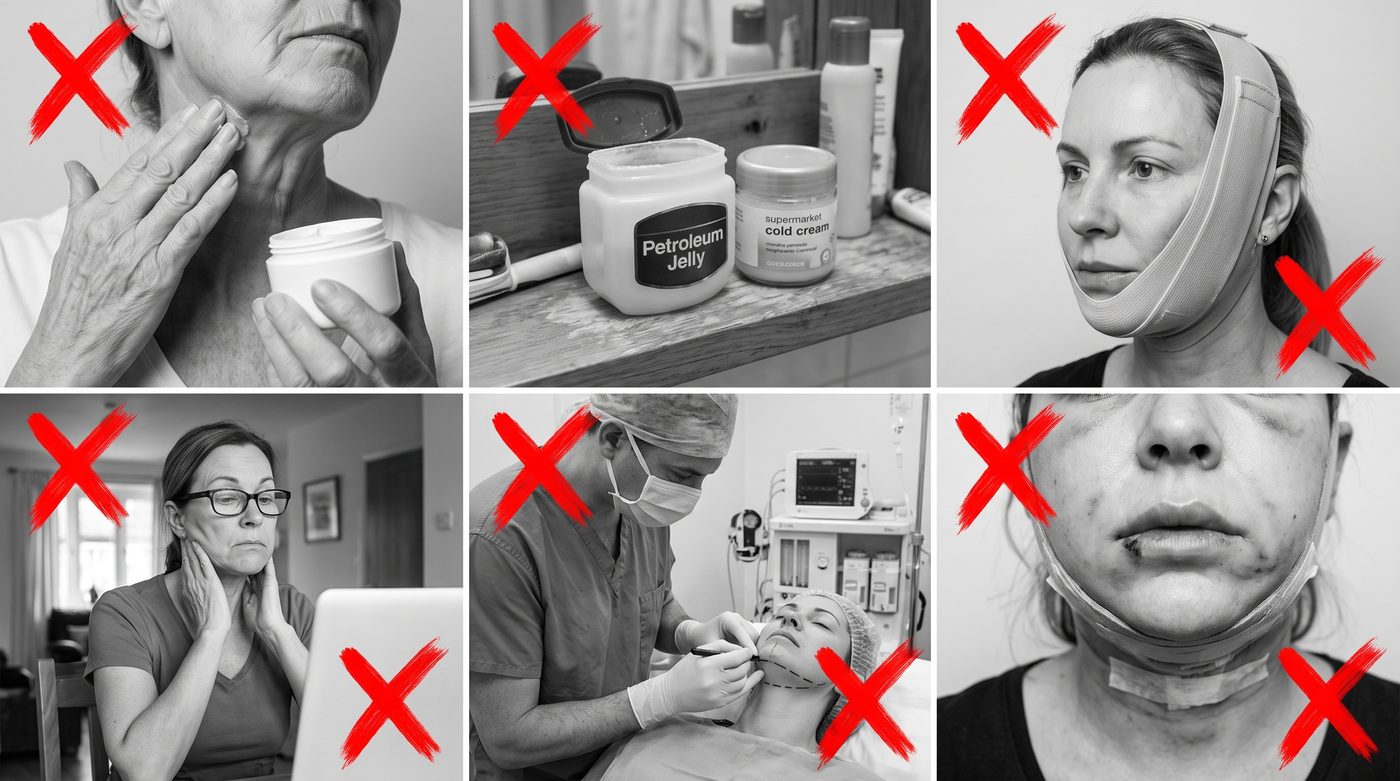 Las seis cosas que ya había probado, tachadas: la crema de la cara, la vaselina y la crema del súper, la mentonera, la gimnasia facial, la lipopapada y el postoperatorio