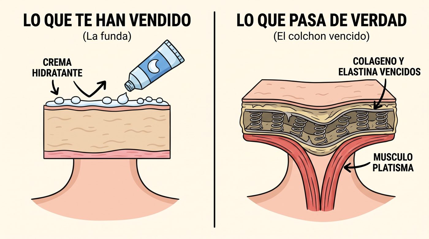 Esquema: la crema hidratante se queda en la superficie, mientras el colágeno y la elastina de debajo están vencidos como los muelles de un colchón viejo