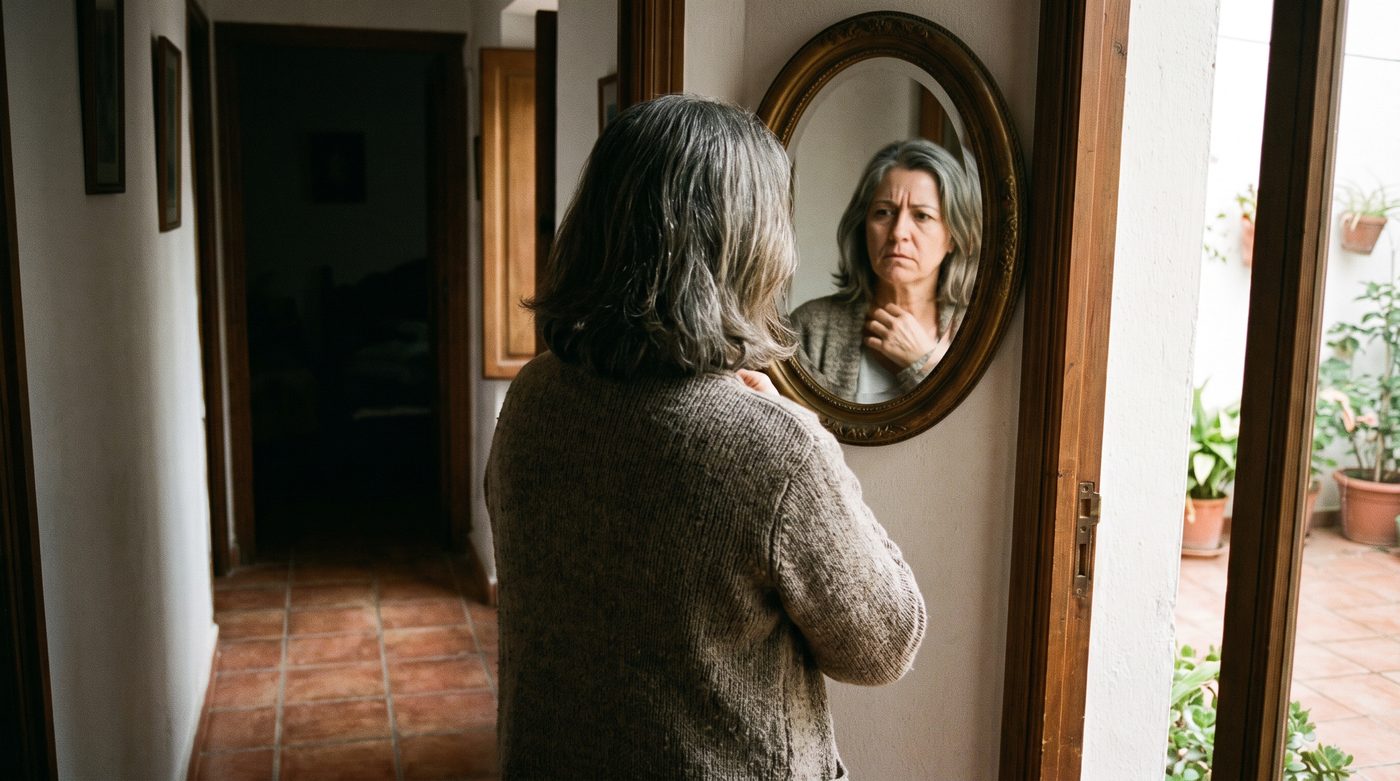 Mujer parada frente al espejo del pasillo de su casa, pensando