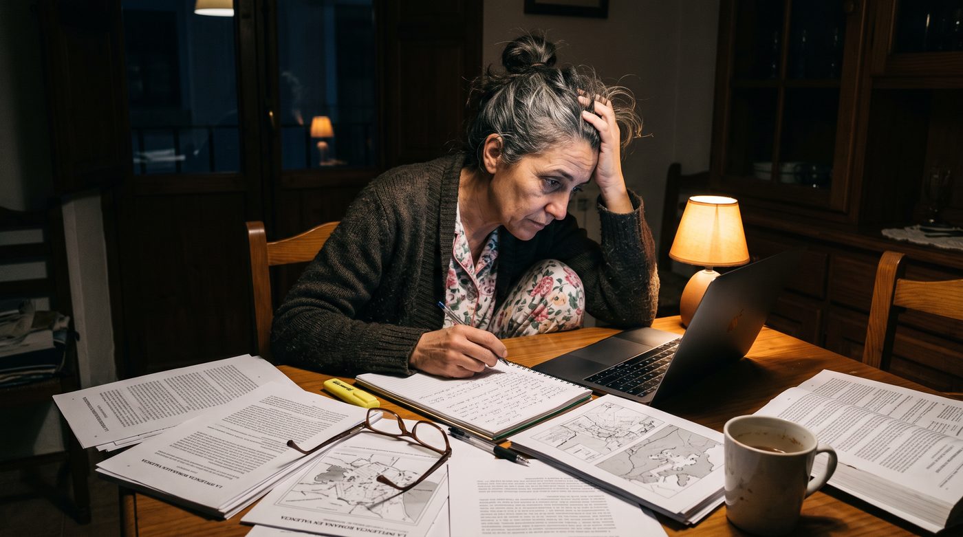 Mujer leyendo estudios y tomando notas de noche en la mesa del comedor
