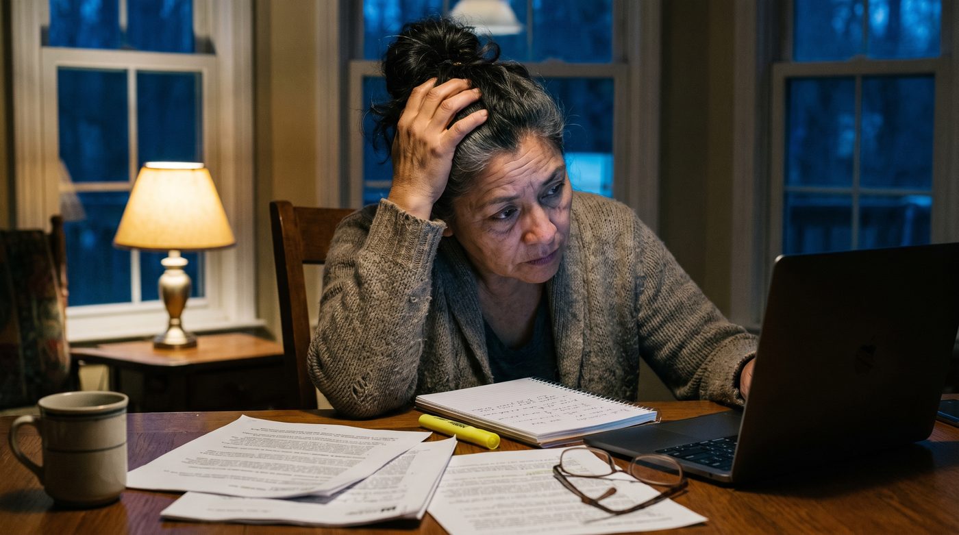 Mujer leyendo estudios y tomando notas de noche en la mesa del comedor
