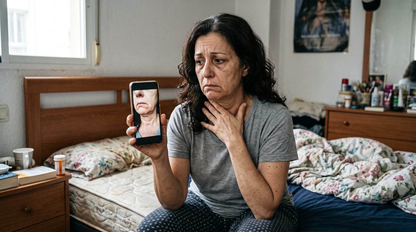 Mujer de 54 años sentada en su cama mirando una foto suya en el móvil mientras se toca el cuello