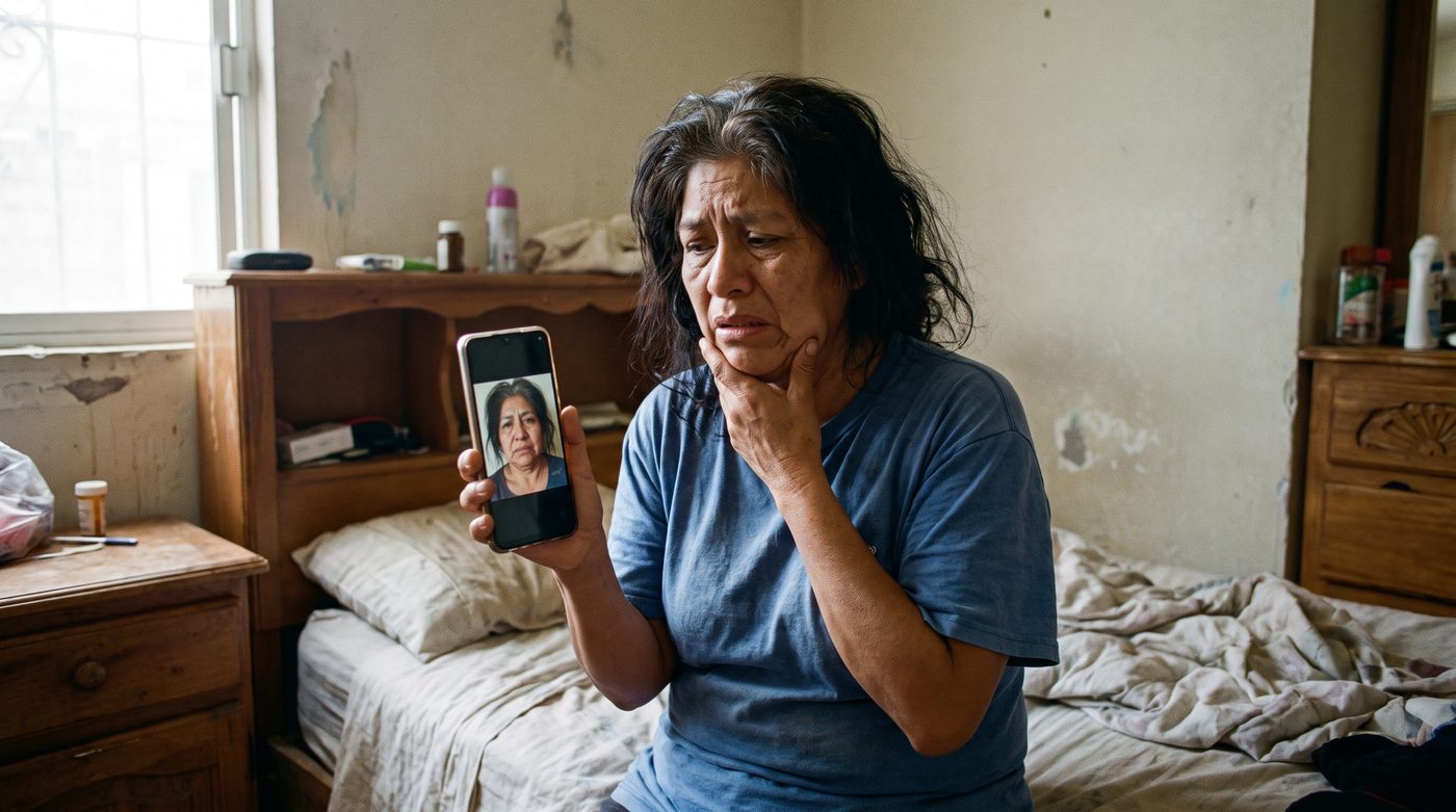 Mujer de 54 años sentada en su cama mirando una foto suya en el celular mientras se toca el cuello