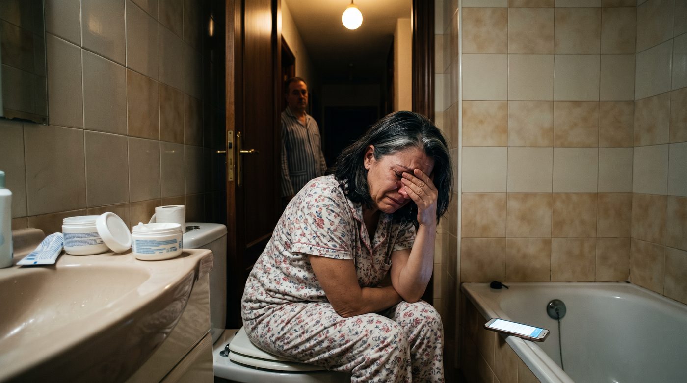 Mujer llorando de noche en el baño de casa, con varios botes de crema de cuello a medias en el lavabo