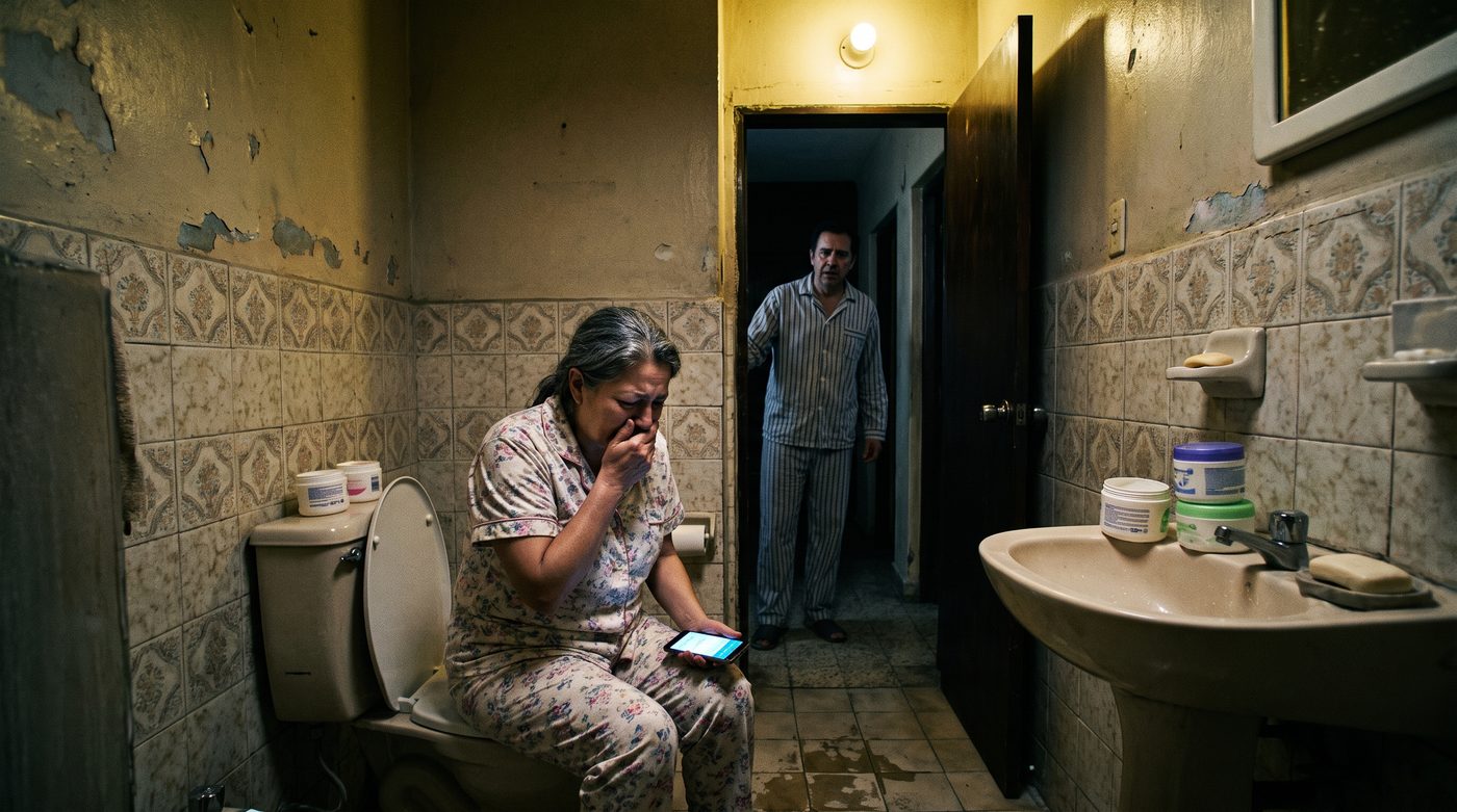 Mujer llorando de noche en el baño de casa, con varios frascos de crema a medias en el lavabo
