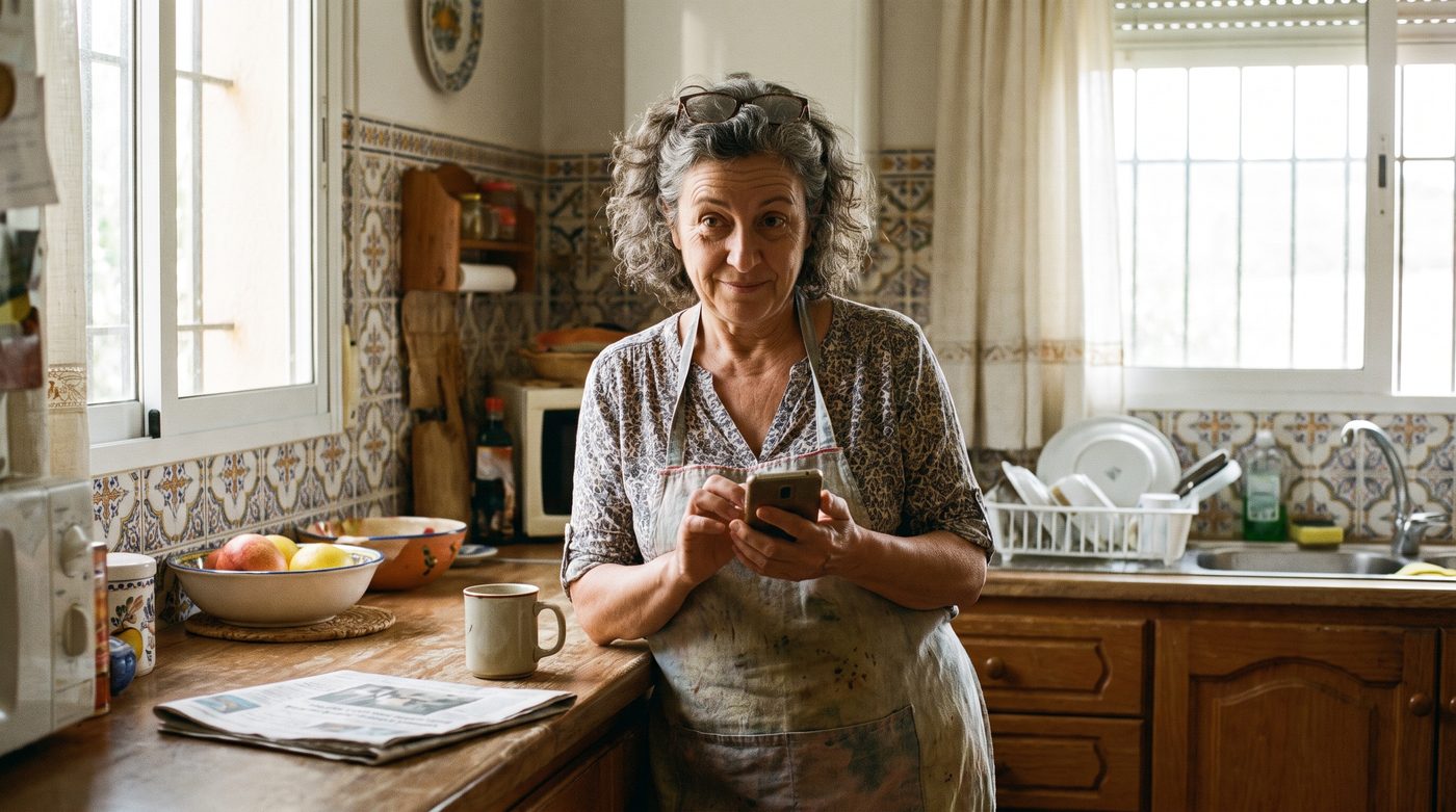 Mujer haciendo el pedido desde el móvil en la cocina de su casa