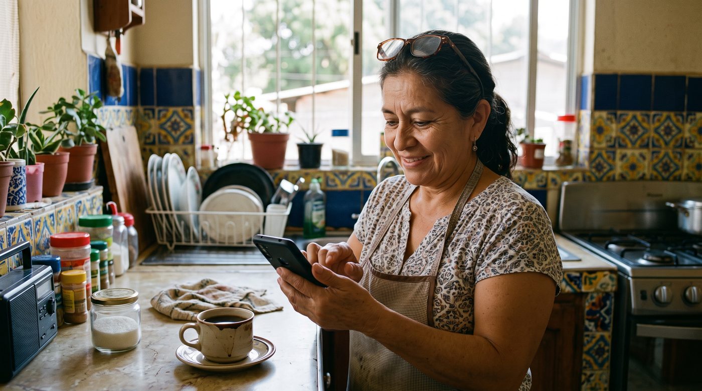 Mujer haciendo el pedido desde el celular en la cocina de su casa